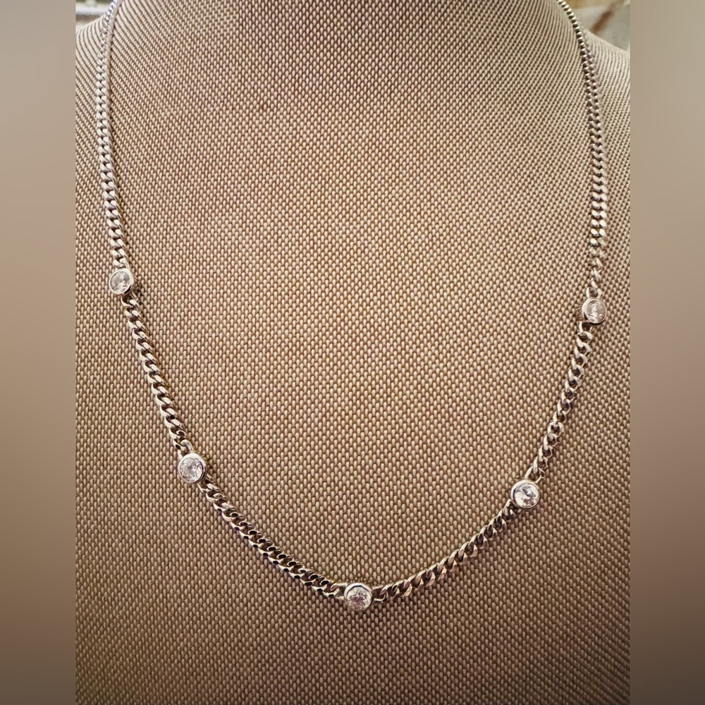 Designer JCM Silver Station Necklace with Crystal Accents 18”